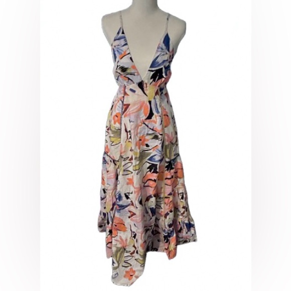 100% Cotton AQUA Floral Print Maxi Tropical Boho Resort Beach Medium Bow Halter